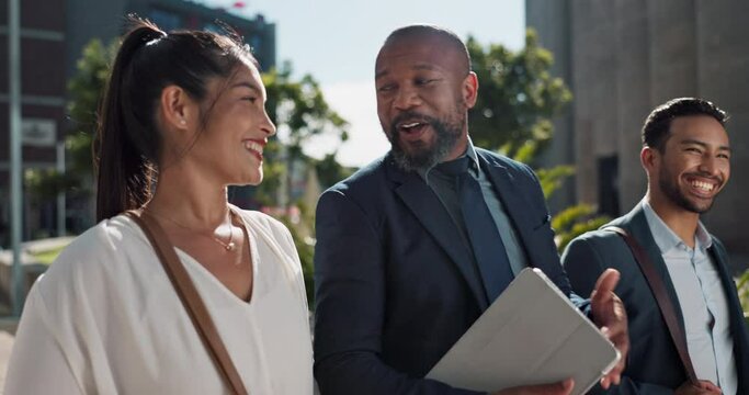 Business people, talking and walking by office buildings in morning, collaboration and travel to workplace in discussion. Teamwork, laughing and accountant with ambition and working in town in city