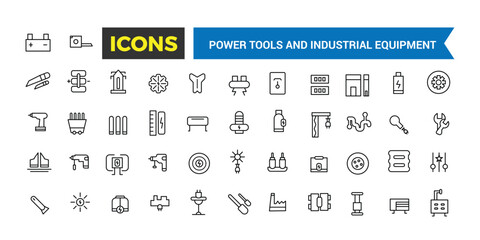 Power Tools And Industrial Equipment Icons Set, Set Of Electric Tools And Instruments, Welding Equipment, Air Compressor Machines Vector Icons, Vector Illustration - obrazy, fototapety, plakaty