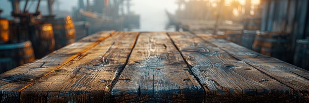 A wooden table placed in the center of a dock surrounded by water