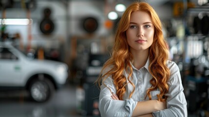 A woman with red hair stands confidently in front of a sleek car