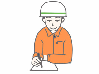 ヘルメットを被って書き物をしている男性