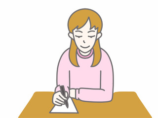 ピンクの洋服着てサインをしている女性