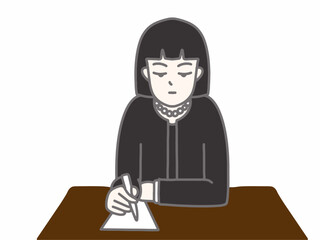 黒いスーツを着て字を書いている女性