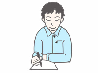 作業着で書き物をしている男性