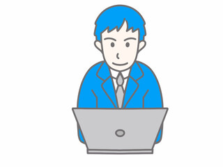 青いスーツを着てパソコンをしている男性