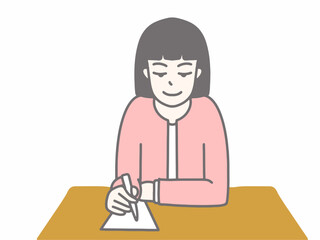 ピンクのスーツを着てメモを書いている女性