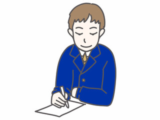 青いスーツを着てメモを書いている男性