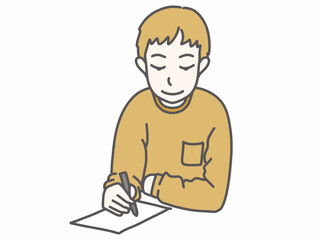 茶色い洋服で書き物をしている男性