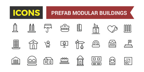 Prefab Modular Buildings Icons Set, Set Of Prefabricated Shipping Container Homes, Modular Construction, Barn House, Office, Garage, Toilet, Shed Vector Icon, Vector Illustration