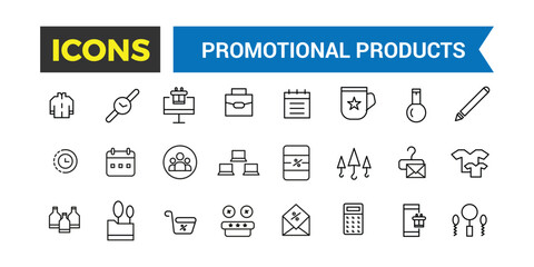 Promotional products icons set. Set of branding cap, t-shirt, cup, planner, calendar, advertising souvenirs, gifts. Thin outline icons pack. Vector illustration.