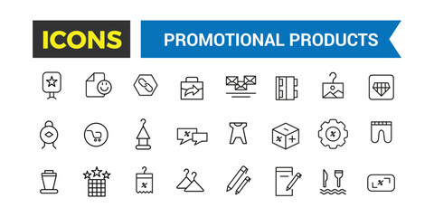 Promotional products icons set. Set of branding cap, t-shirt, cup, planner, calendar, advertising souvenirs, gifts. Thin outline icons pack. Vector illustration.