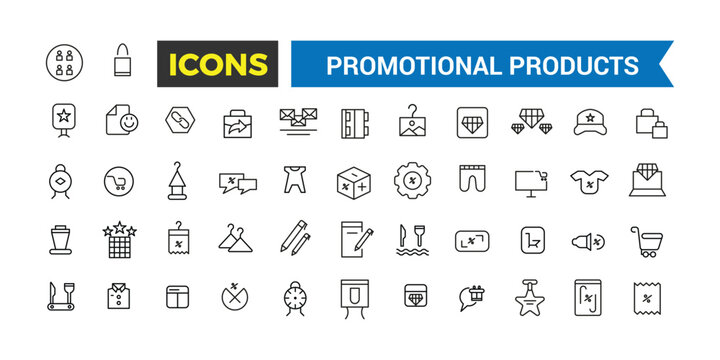 Promotional products icons set. Set of branding cap, t-shirt, cup, planner, calendar, advertising souvenirs, gifts. Thin outline icons pack. Vector illustration.