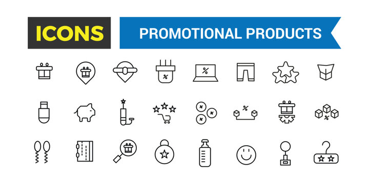 Promotional products icons set. Set of branding cap, t-shirt, cup, planner, calendar, advertising souvenirs, gifts. Thin outline icons pack. Vector illustration.