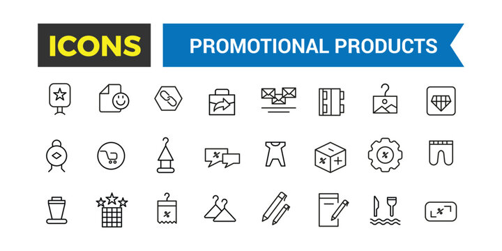 Promotional products icons set. Set of branding cap, t-shirt, cup, planner, calendar, advertising souvenirs, gifts. Thin outline icons pack. Vector illustration.