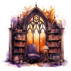 Watercolor painting of a gothic library