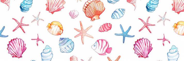 Watercolor colorful aesthetic background with seashells and starfish. Summertime concept. Generative AI - obrazy, fototapety, plakaty
