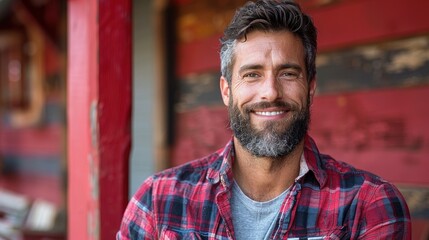 A man with a beard and wearing a plaid shirt - obrazy, fototapety, plakaty