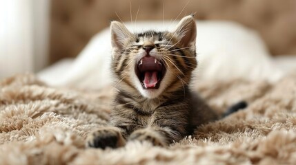 A cat lying on a bed, yawning while showing teeth