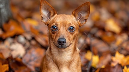 A small brown dog stands amidst a pile of fallen leaves