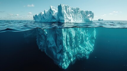A large iceberg drifts in the open ocean under a clear blue sky