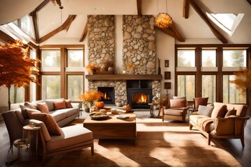 Modern living room interior with fireplace.