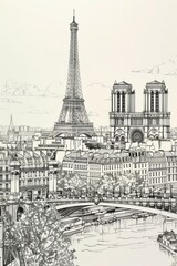 Obraz premium Black and white illustration of Paris, featuring prominent landmarks such as the Eiffel Tower and Sacré-Cœur Basilica amid the city's urban landscape, with the Seine River.