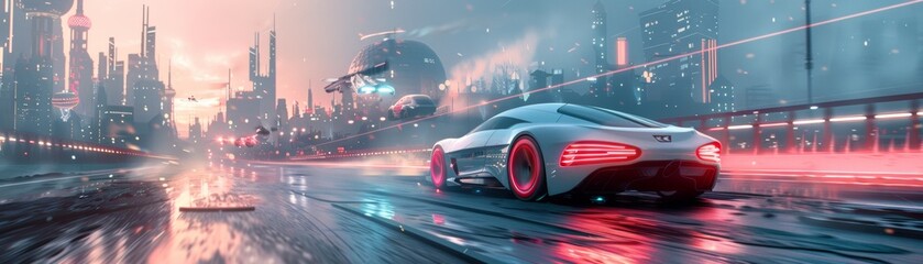 A futuristic cityscape with a car driving down a wet road - obrazy, fototapety, plakaty