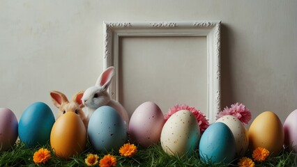 Obraz premium Easter Bunny Wonderland Cheerful Rabbit with a Bounty of Colorful Painted Eggs