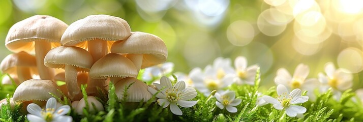 A group of mushrooms sits on top of a vibrant green field