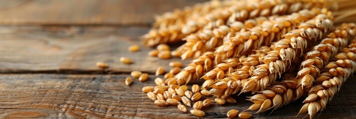 A bunch of wheat lying on a wooden table