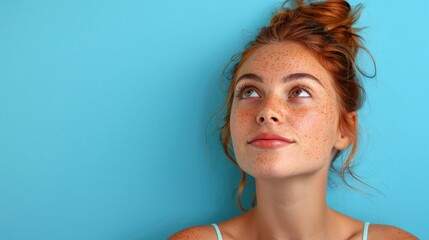 A woman with freckles on her face staring upwards - obrazy, fototapety, plakaty