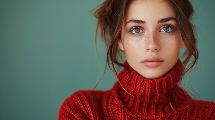 A woman standing while wearing a vibrant red turtleneck sweater