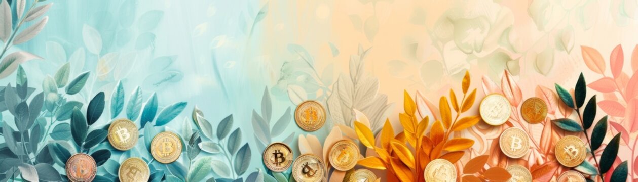 A painting of a field of flowers with gold coins scattered throughout free space for text