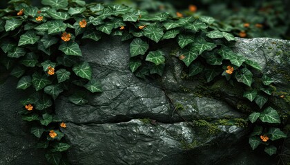 A rock adorned with lush green leaves and vibrant orange flowers - obrazy, fototapety, plakaty