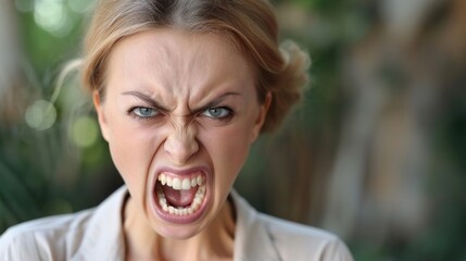 A woman displaying a fierce expression of anger - obrazy, fototapety, plakaty
