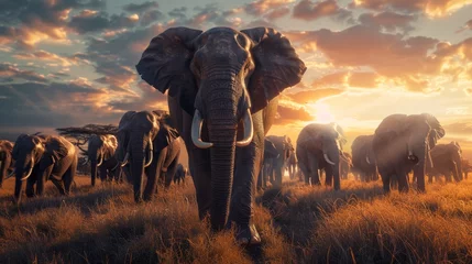 Foto op Aluminium herd of african elephants savannah at sunset © Андрей Трубицын