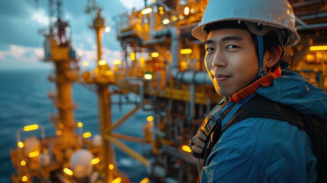 Portrait of A petroleum engineer inspects industrial pipelines in a large factory in the background of an upstream oil and gas production plant.