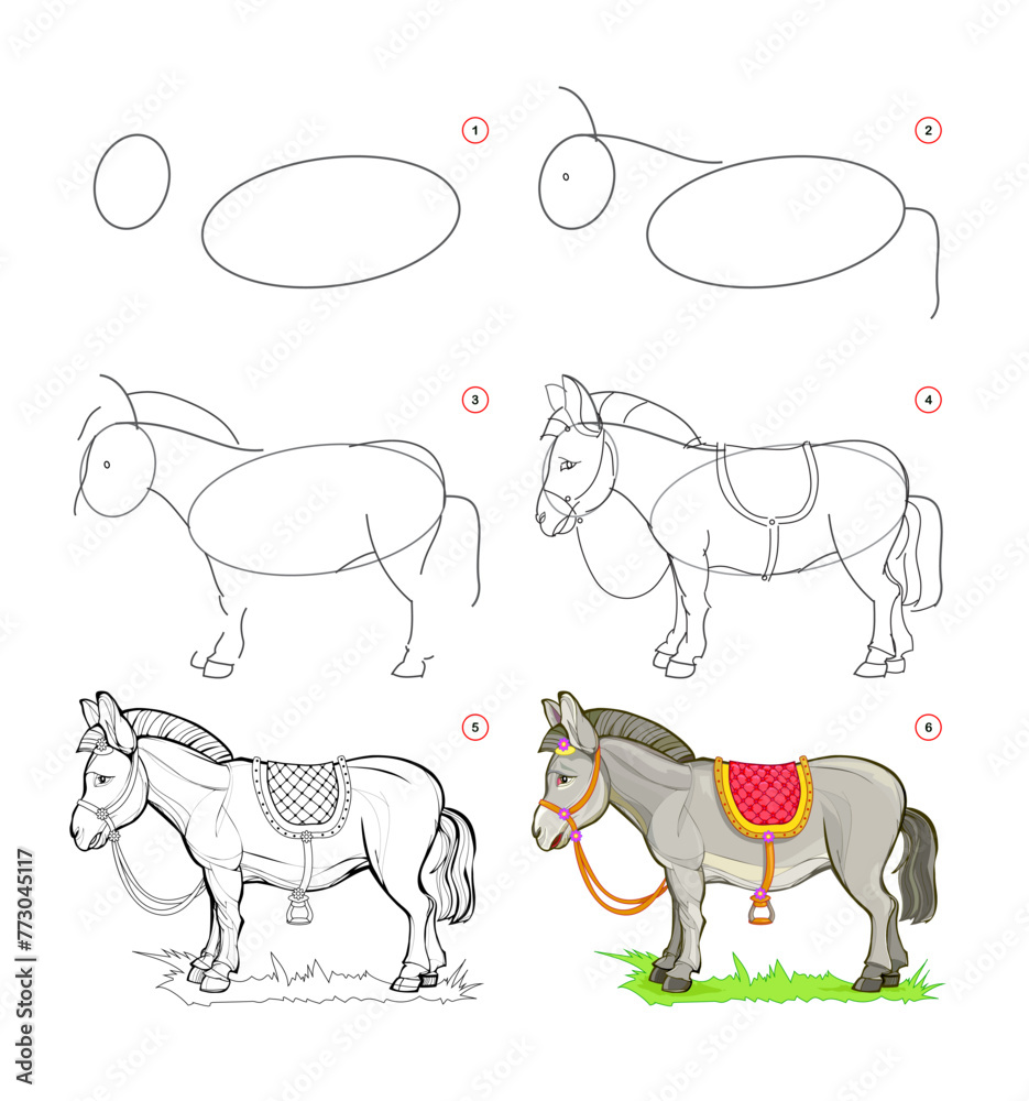 Wall mural how to draw a cute little donkey. educational page for children. creation step by step animal illust