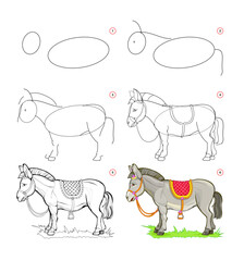 How to draw a cute little donkey. Educational page for children. Creation step by step animal illustration. Printable worksheet for kids school exercise book. Online education. Vector drawing.