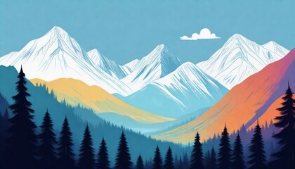 digital painting a drawing of mountains and trees  (3)
