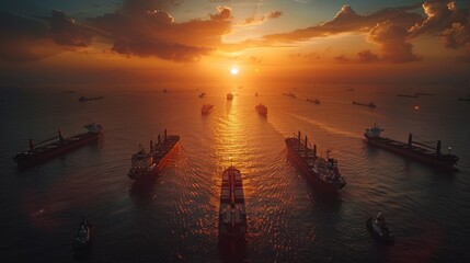 A large container ship sailing across the ocean at evening sunset with cargo ships for import and export logistics and world trade. - obrazy, fototapety, plakaty