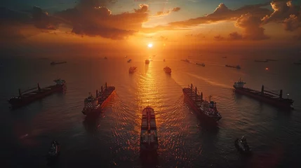 Foto auf Leinwand A large container ship sailing across the ocean at evening sunset with cargo ships for import and export logistics and world trade. © เลิศลักษณ์ ทิพชัย