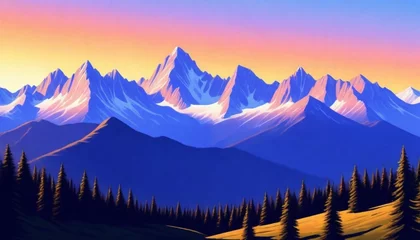 Fotobehang digital painting Serene mountain range at sunset m (11) © Maisa