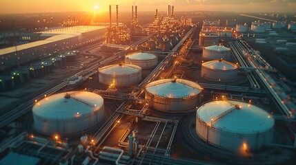 An aerial view of an oil depot, an oil refinery, and a truck transporting fuel and gasoline. A tank farm store chemical petroleum petrochemical refinery products at the oil terminal. - obrazy, fototapety, plakaty