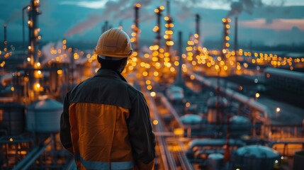 A male engineer working in a large oil production petroleum industry plant is inspecting an industrial pipeline in an upstream oil and gas production plant in the background.