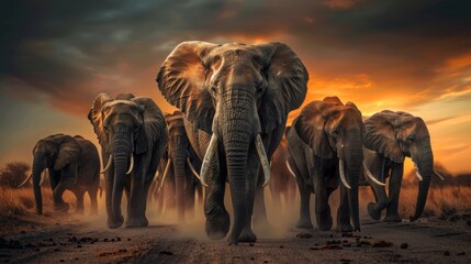 Fototapeta na wymiar herd of african elephants savannah at sunset