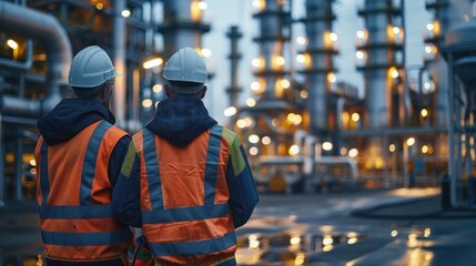 A worker inspects an industrial pipeline with a petroleum engineer in a large factory on an oil rig with a large factory in the background and part of an upstream oil and gas production facility. - obrazy, fototapety, plakaty