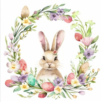 Watercolor easter illustration of a cute happy bunny with vivid spring floral flowers wreath and eggs wreath on the white background