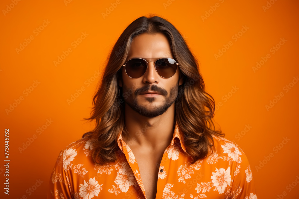 Poster a man with long hair and a beard is wearing sunglasses and a floral shirt. he is standing in front o