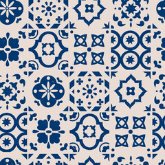 Various square Tiles. Different blue ornaments. Traditional mediterranean style. Hand drawn Vector illustration. Ceramic tiles. Grunge texture. Square seamless Pattern, background, wallpaper - 773045704